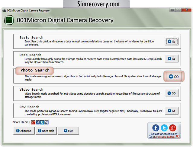 Digital camera pictures recovery software screenshot