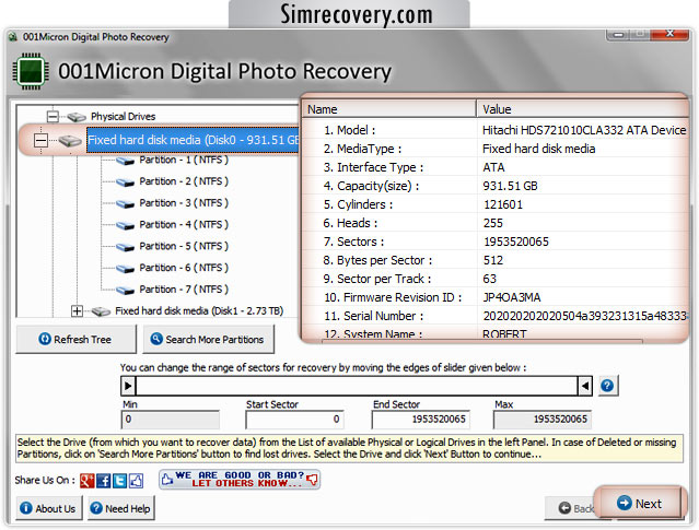 Digital photo recovery software screenshot