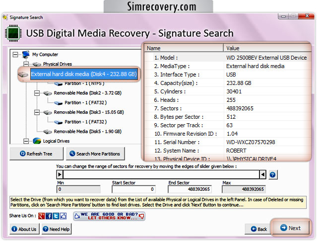 Removable media data recovery software screenshot